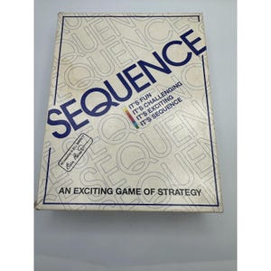 May include: A vintage board game box titled "SEQUENCE" in blue and white. The box features the game's name in large letters, along with the tagline "An Exciting Game of Strategy." The box is rectangular and appears to be in good condition.