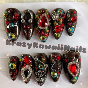 Black and Red Treasure Set|Black nails|press on nails|Red nails|Alternative nails|Gel nails|y2k nails|Almond nails|Gothic nails|goth nails