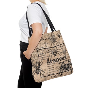 Dark Academia Spider Tote Bag, Spiders, Goth Tote, Arachnid, Reusable Tote, Apothecary, Notes, Craft Bag, Trick or Treat Bag, Araneology Bag