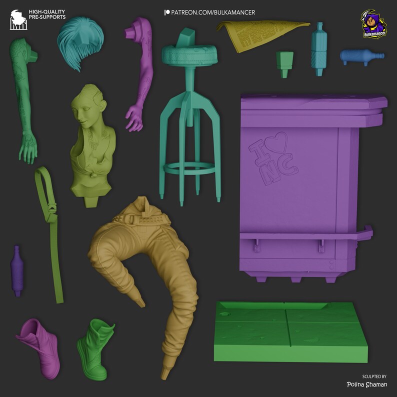 Puede incluir: Colecci&oacute;n de objetos impresos en 3D en varios colores, incluyendo un busto, pantalones, un taburete de bar y una barra con el texto "I ❤️ NC". Otros elementos incluyen brazos, una botella y botas. La imagen tambi&eacute;n incluye el texto "HIGH-QUALITY PRE-SUPPORTS" y "PATREON.COM/BULKAMANCER".