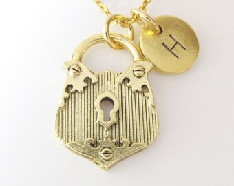 Lock Necklace, Padlock Necklace, Personalized, Initial Necklace, Monogram Necklace, Antique Gold, Vintage Lock, Victorian Lock, Z415