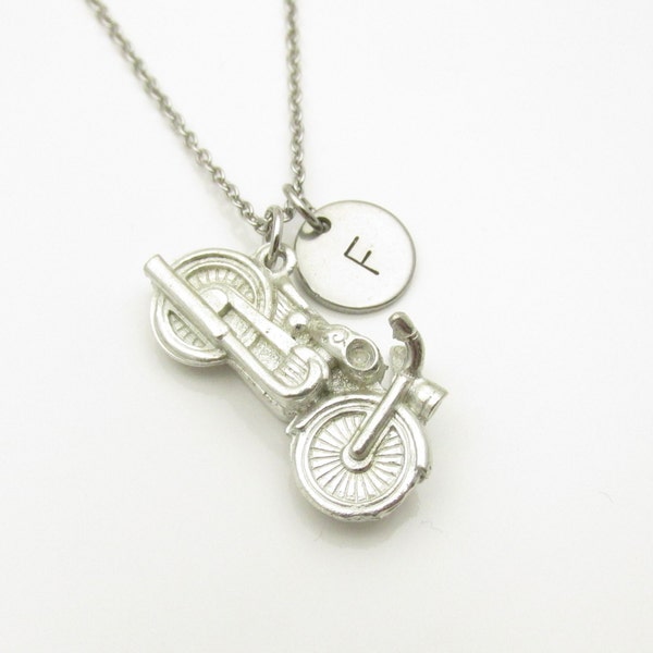 Motorcycle Necklace, Silver 3D Motorcycle Charm, Initial Necklace, Travel Charms, Motorbike, Personalized Stamped Monogram Initial Y132