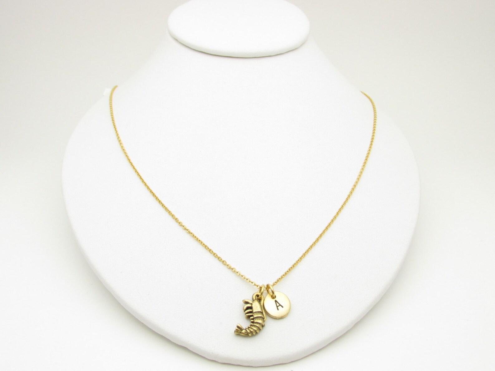 Shrimp Necklace Gold Shrimp Charm Initial Necklace Animals Etsy