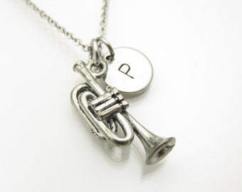 Trumpet Necklace, Silver Trumpet Necklace, Personalized Initial Necklace, Music Instrument, Antique Silver, Music Charm, Monogram Y165