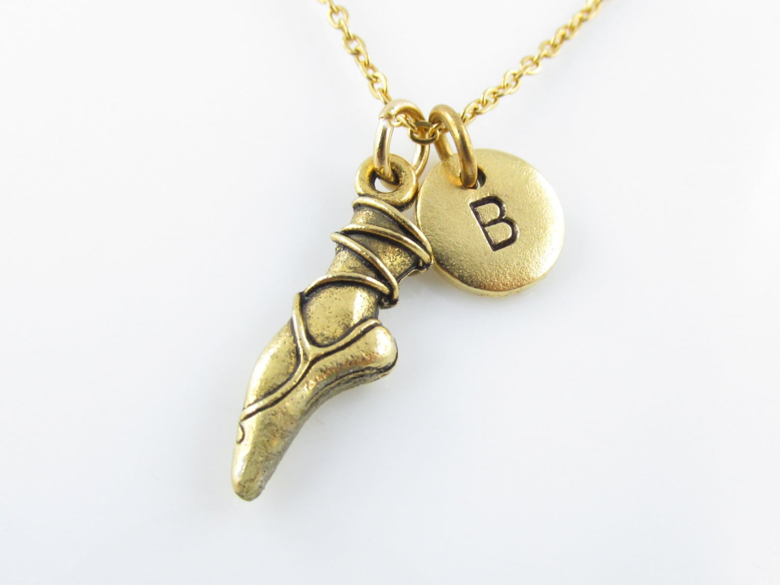 ballet shoe necklace, pointe position, ballerina charm necklace, initial necklace, personalized, antique gold ballet shoe, monog