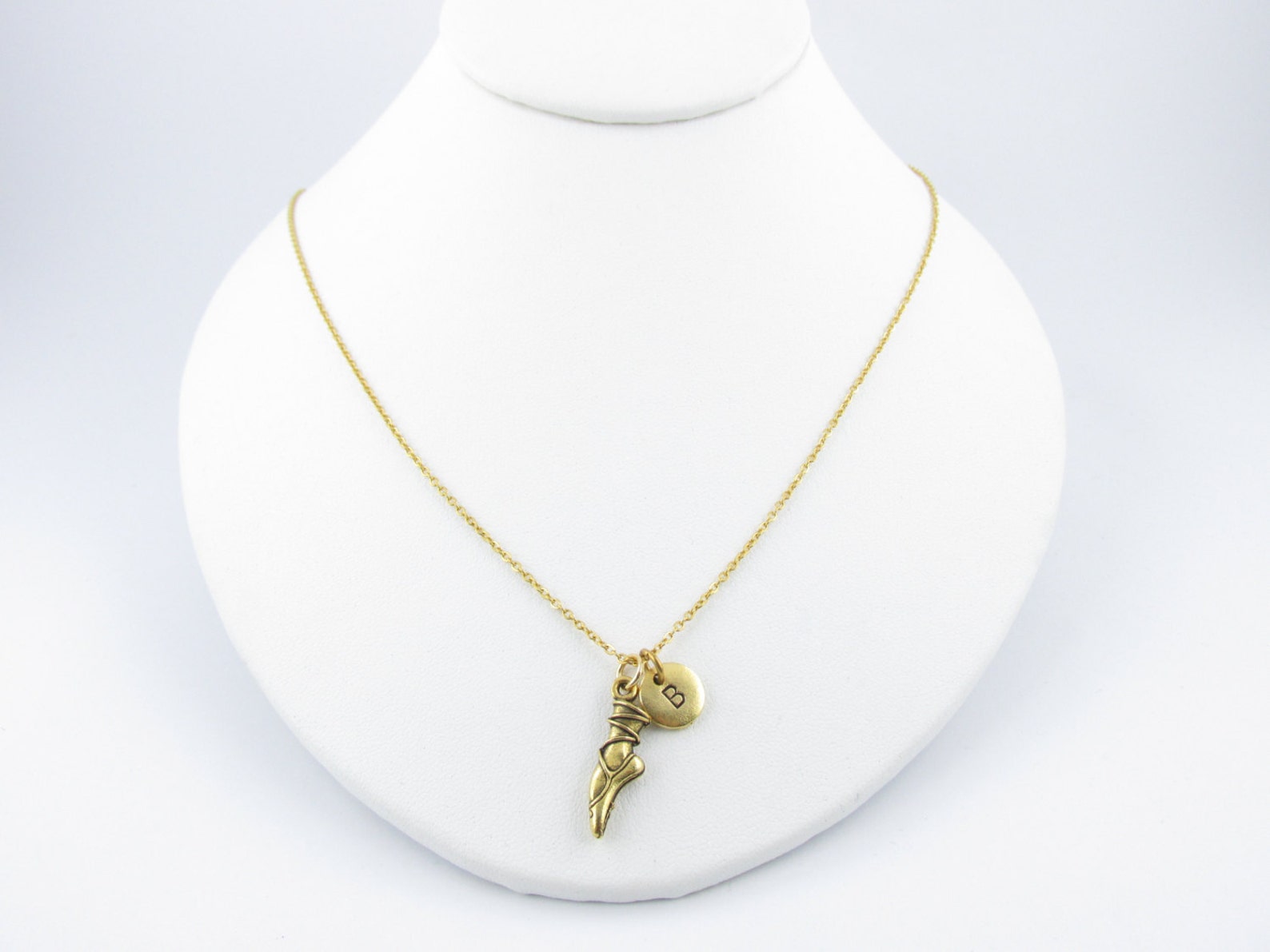 ballet shoe necklace, pointe position, ballerina charm necklace, initial necklace, personalized, antique gold ballet shoe, monog