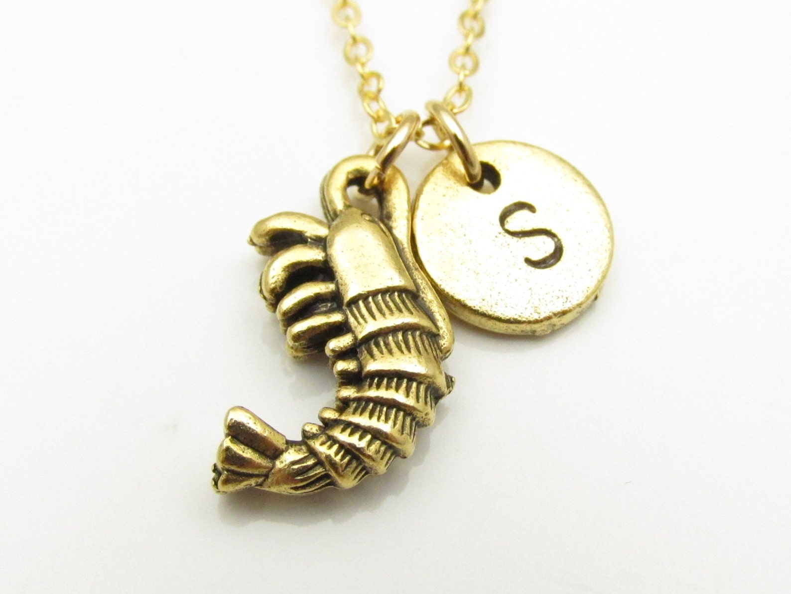 Shrimp Necklace Gold Shrimp Charm Initial Necklace Animals Etsy