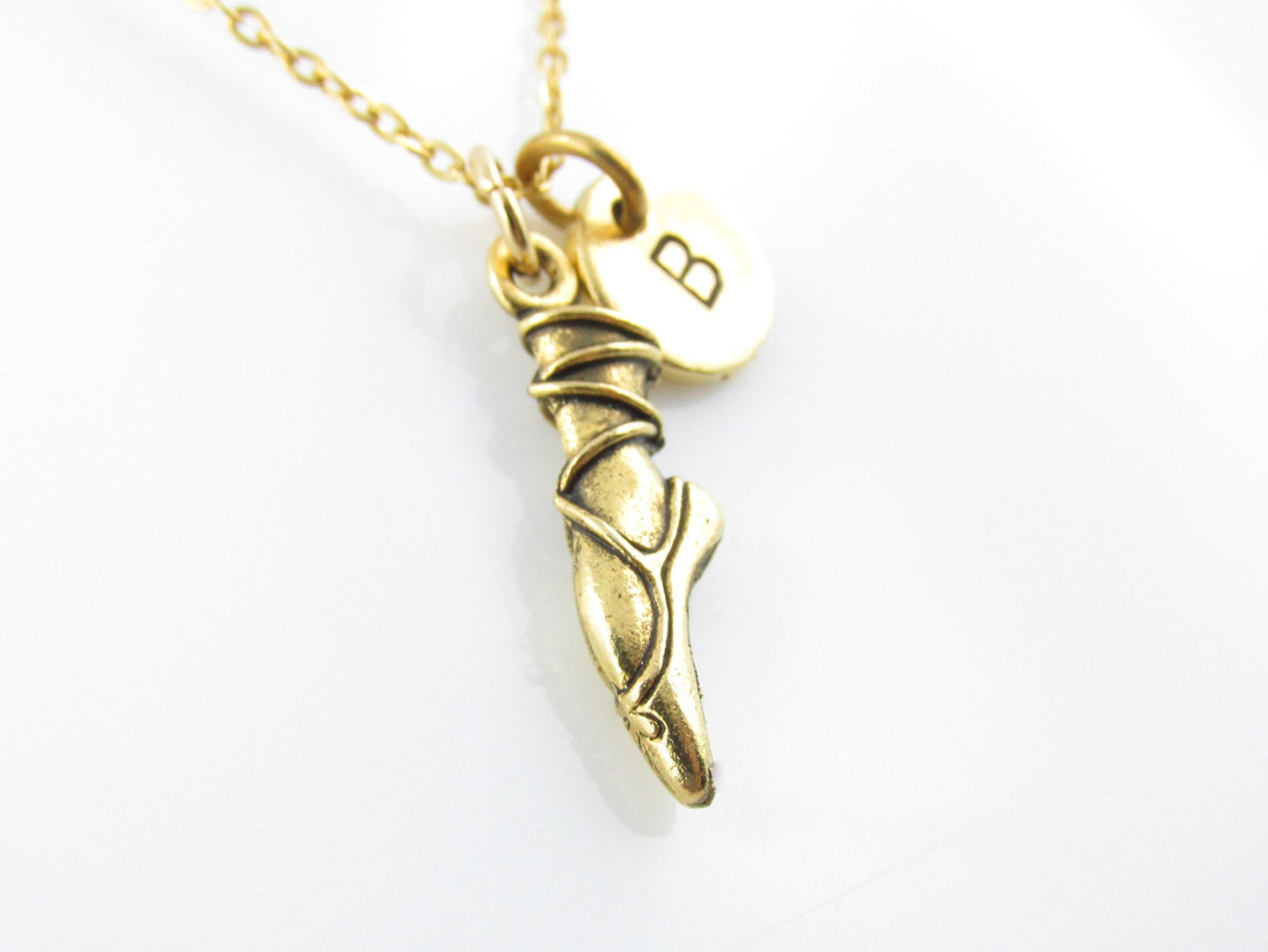 ballet shoe necklace, pointe position, ballerina charm necklace, initial necklace, personalized, antique gold ballet shoe, monog