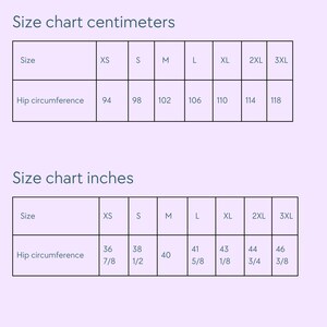 Puede incluir: Una tabla de tallas con medidas en cent&iacute;metros y pulgadas. La tabla incluye tallas XS a 3XL, con las medidas de circunferencia de cadera correspondientes en ambas unidades. El texto "Size chart centimeters" y "Size chart inches" est&aacute;n en la parte superior.