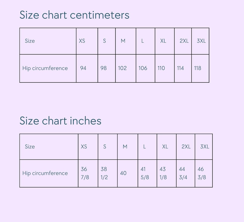 Puede incluir: Una tabla de tallas con medidas en cent&iacute;metros y pulgadas. La tabla incluye tallas XS a 3XL, con las medidas de circunferencia de cadera correspondientes en ambas unidades. El texto "Size chart centimeters" y "Size chart inches" est&aacute;n en la parte superior.