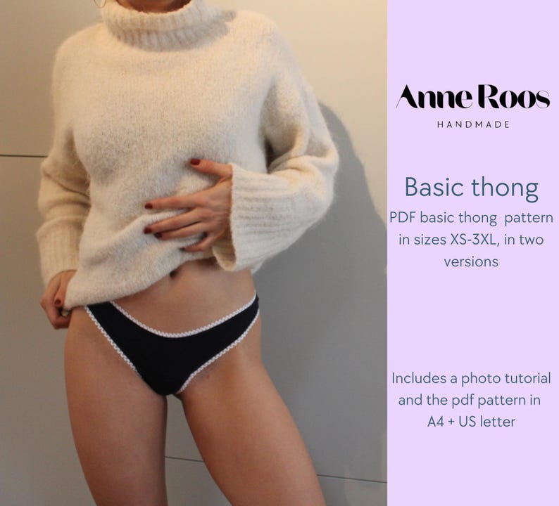 Puede incluir: Se muestra un tanga negro con ribete blanco. Tambi&eacute;n se ve un jersey de cuello alto color crema. El texto en el lado derecho de la imagen dice "Anne Roos Handmade" y "Basic thong" con detalles sobre el patr&oacute;n.
