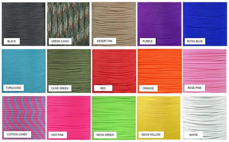 Puede incluir: Una cuadr&iacute;cula de quince carretes de paracord en varios colores y patrones, incluyendo negro, camuflaje verde, color arena, morado, azul real, turquesa, verde oliva, rojo, naranja, rosa, algod&oacute;n de az&uacute;car, rosa fuerte, verde ne&oacute;n, amarillo ne&oacute;n y blanco.