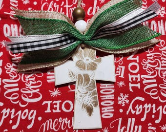 Handpainted Cross Ornament with Floral Design