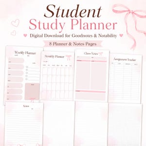 以下が含まれることがあります： 学生向けのデジタル学習プランナーセット。ウィークリープランナー、マンスリープランナー、講義ノート、課題トラッカーなど8ページ構成。淡いピンク色を基調とし、リボンの装飾と整理用のテキストラベルがデザインされています。