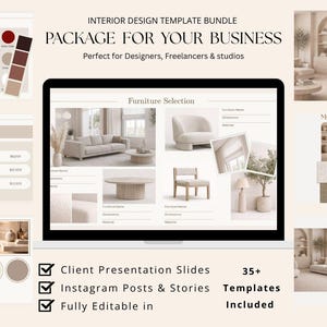 Pacchetto di modelli per l'interior design su Canva, modelli per presentazioni ai clienti, post e storie di Instagram, kit di branding modificabile.