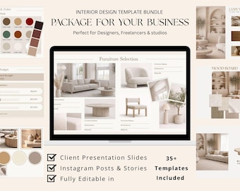 Pacchetto di modelli per l'interior design su Canva, modelli per presentazioni ai clienti, post e storie di Instagram, kit di branding modificabile.