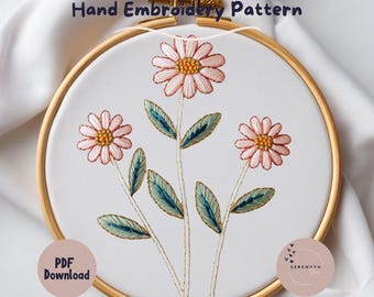 Patrón de bordado de 3 tallos de flores silvestres (PDF): Diseño sencillo de margaritas para bordar a mano: Punto floral digital para principiantes / Arte moderno con bastidor