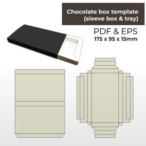 以下が含まれることがあります： スリーブとトレイ付きのチョコレートボックスのテンプレート。テンプレートは175 x 95 x 15 mmで、PDFとEPS形式で入手できます。