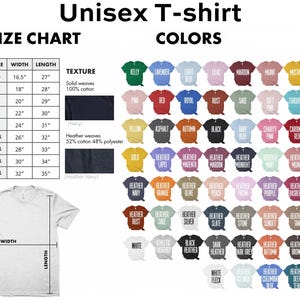 May include: Unisex t-shirt size chart and color options. The chart shows sizes XS to 5XL with width and length measurements in inches. A wide range of colors are displayed, including Kelly green, lavender, and maroon.