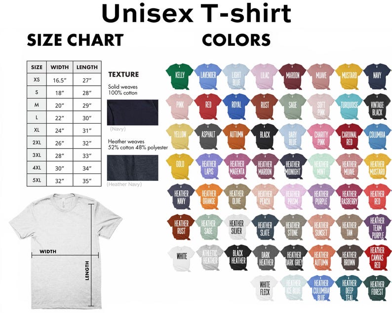 May include: Unisex t-shirt size chart and color options. The chart shows sizes XS to 5XL with width and length measurements in inches. A wide range of colors are displayed, including Kelly green, lavender, and maroon.