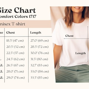 K&ouml;nnte beinhalten: Gr&ouml;&szlig;entabelle f&uuml;r ein Unisex-T-Shirt mit Ma&szlig;en in Zoll und Zentimetern. Die Tabelle zeigt Brust- und L&auml;ngenma&szlig;e f&uuml;r die Gr&ouml;&szlig;en S, M, L, XL, 2XL, 3XL und 4XL.