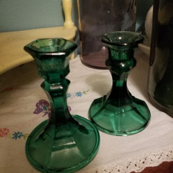 Candlesticks teal glass vintage