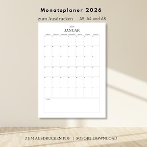 Calendario 2026, Planner mensile 2026 da stampare, tedesco, PDF A5, A4, formato verticale A3, download digitale, design minimalista