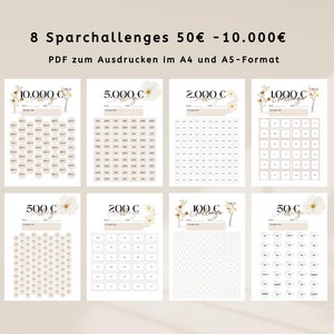 Puede incluir: Ocho tablas de desafío de ahorro imprimibles en formato PDF. Las tablas están diseñadas para ayudarte a ahorrar dinero en incrementos de 50 céntimos, 1 euro, 2 euros, 5 euros, 10 euros, 20 euros, 50 euros y 100 euros.