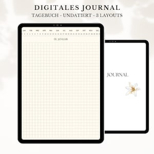 Pode incluir: Duas maquetes de diário digital em fundo branco. O primeiro tablet exibe um layout de grade com o texto "OL JANUAR". O segundo tablet mostra a palavra "JOURNAL" e uma ilustração floral. O texto "DIGITALES JOURNAL" está no topo.