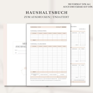 May include: A printable budget planner in German, with the title "Haushaltsbuch" (Household Book) and the text "Zum Ausdrucken | Undatiert" (For Printing | Undated). The planner includes sections for variable income and expenses, with columns for categories, amounts, and dates. The planner is designed for use with the month of March.