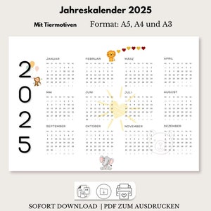 Jahreskalender 2025 zum Ausdrucken mit Tiermotiven | Querformat in DIN A5, A4 und A3 | sofortiger Download | Familien-Planer
