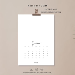 Kalender 2026 zum Ausdrucken und selbst gestalten | Digitaler Download | PDF in DIN A5, A4, A3 Hochformat | Deutsch