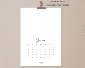 Printable and customizable 2026 calendar | Digital download | PDF in DIN A5, A4, A3 portrait format | German
