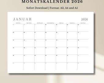 Printable 2026 calendar – PDF monthly calendar for instant download, A3, A4 and A5, German, wall calendar 2026