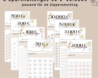 Savings challenge A6 for printing, digital download, 50 Euro-10,000 Euro, for envelope method, Budgetbinder A6, German