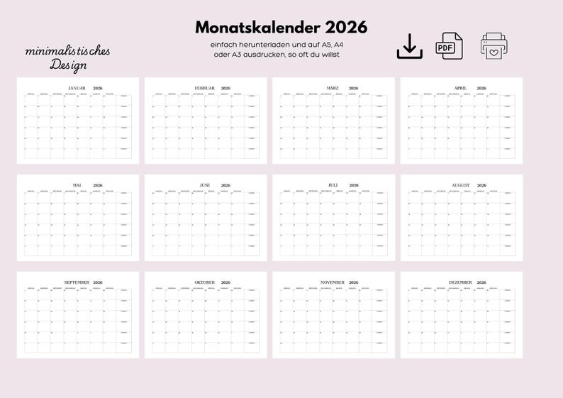 Kalender 2026 zum Ausdrucken, PDF ausfüllbar, A5, A4 und A3 Querformat