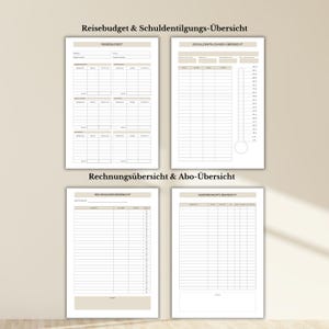 Op de afbeelding: Een printbaar budget- en schuldenvolgschema met secties voor reizen, rekeningen en abonnementen. Het schema bevat een schuldenthermometer om de voortgang bij te houden.