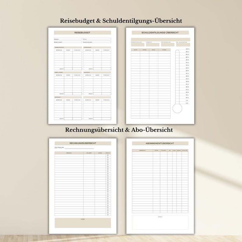 Op de afbeelding: Een printbaar budget- en schuldenvolgschema met secties voor reizen, rekeningen en abonnementen. Het schema bevat een schuldenthermometer om de voortgang bij te houden.
