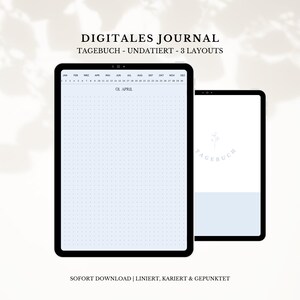 Könnte beinhalten: Eine digitale Journal-Vorlage mit drei verschiedenen Layouts: liniert, kariert und gepunktet. Die Vorlage ist undatiert und enthält eine Kalenderüberschrift mit den Monaten des Jahres. Der Text "DIGITALES JOURNAL" und "TAGEBUCH - UNDATIERT - 3 LAYOUTS" wird oben im Bild angezeigt. Der Text "SOFORT DOWNLOAD | LINIERT, KARIERT & GEPUNKTET" wird unten im Bild angezeigt.