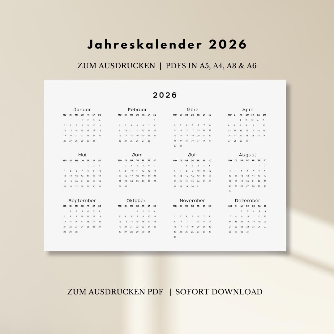 Jahreskalender 2026 zum Ausdrucken auf einer Seite | Digitaler Download