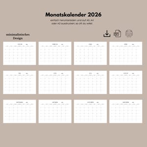 May include: A printable calendar for the year 2026. The calendar is designed in a minimalist style with a simple black and white color scheme. Each month is displayed on a separate page, with the days of the week listed across the top and the dates listed in rows below. The calendar is available in PDF format and can be printed on A5, A4, or A3 paper.