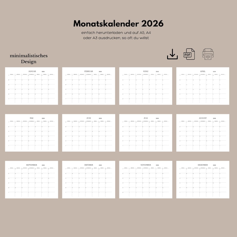 May include: A printable calendar for the year 2026. The calendar is designed in a minimalist style with a simple black and white color scheme. Each month is displayed on a separate page, with the days of the week listed across the top and the dates listed in rows below. The calendar is available in PDF format and can be printed on A5, A4, or A3 paper.