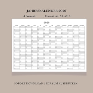 Puede incluir: Un calendario imprimible en blanco y negro para el año 2026. El calendario está en formato de cuadrícula con cada mes en la parte superior y los días de la semana en el lateral. El calendario está titulado "JAHRESKALENDER 2026" e incluye el texto "4 Formate | Format: A4, A3, A2, Al" y "SOFORT DOWNLOAD | PDF ZUM AUSDRUCKEN".