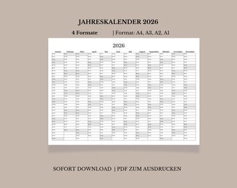 Jahreskalender 2026 zum Ausdrucken | Kalender 2026  Wandkalender A4, A3, A2, A1 | im Querformat /Deutsch Jahresplaner 2026