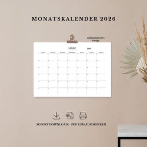 May include: A printable calendar for March 2026 with a minimalist design. The calendar is in German and features the days of the week in German. The calendar is available for instant download and can be printed as a PDF.