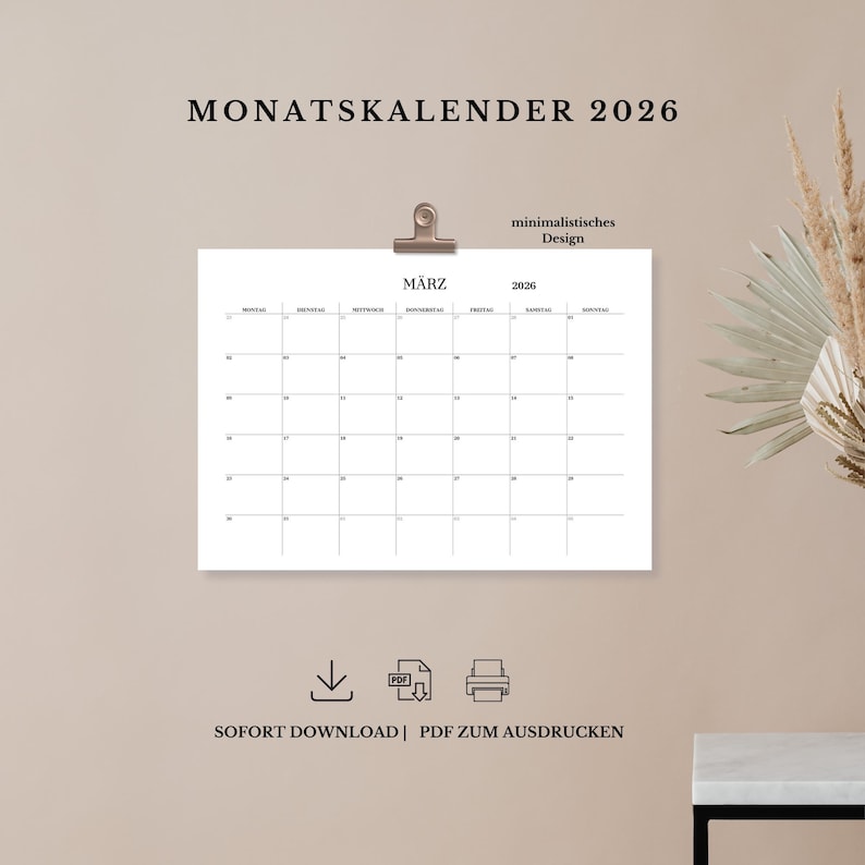 May include: A printable calendar for March 2026 with a minimalist design. The calendar is in German and features the days of the week in German. The calendar is available for instant download and can be printed as a PDF.