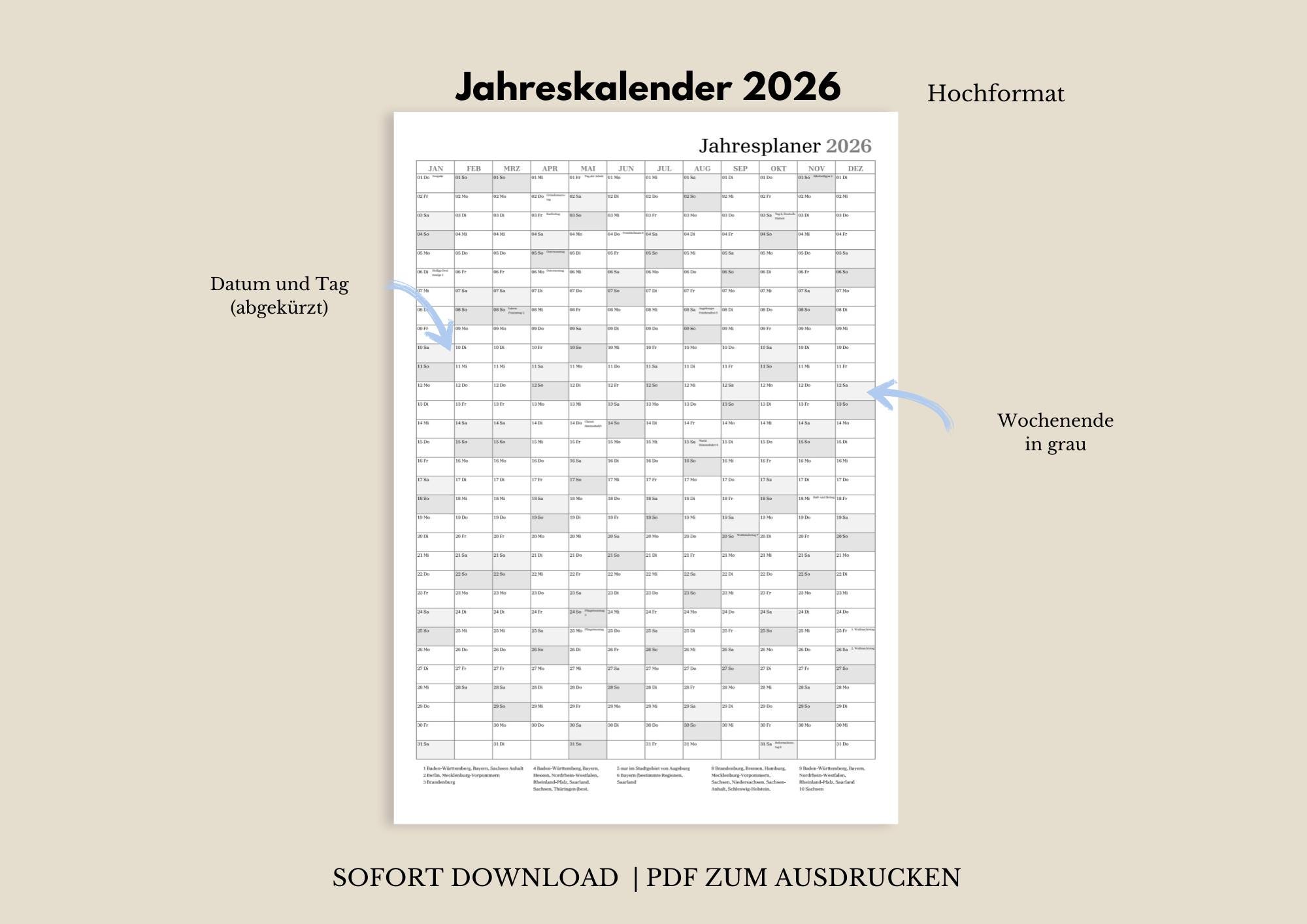 Printable 2026 Calendar | 2026 Wall Calendar in A3, A2, A1 and A0 Sizes