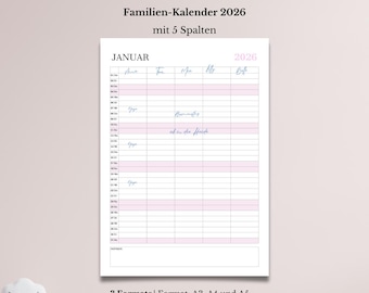 Family Calendar 2026, Printable Family Planner with 5 Columns, Portrait Format A5, A4 and A3, PDF German Digital Download