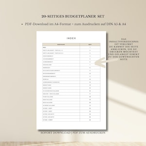 Op de afbeelding: Een zwart-witte indexpagina voor een 20-delige budgetplannerset. De index geeft de paginanummers voor elk onderdeel van de planner weer, waaronder "Spaargeld", "52-weken 52-euro uitdaging" en "Noodzakelijkheden - Appartement". De tekst "DAS INHALTSVERZEICHNIS IST VERLINKT DU KANNST DIE SEITE ANKLICKEN, DIE DU DRUCKEN M&Ouml;CHTEST UND GELANGST DIREKT ZU DER GEW&Uuml;NSCHTEN SEITE" is ook inbegrepen.