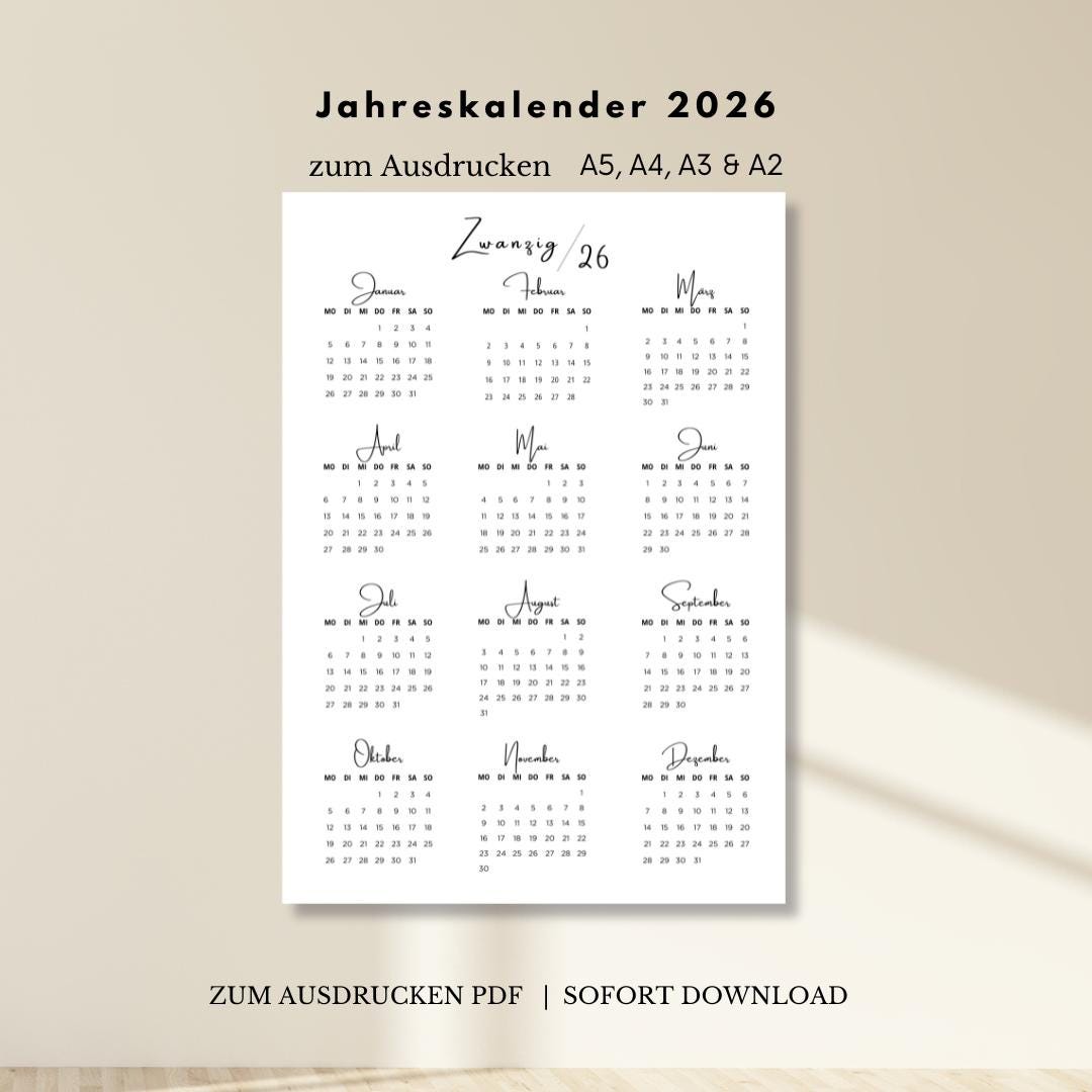 Jahreskalender 2026 zum Ausdrucken auf einer Seite | Digitaler Download